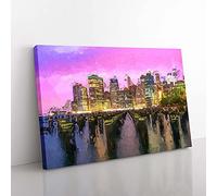Big Box Art Manhattan from Brooklyn Bridge in Abstract Canvas Wall Art Print Ready to Hang Picture, 76 x 50 cm (30 x 20 Inch), Black, Brown, Lavender