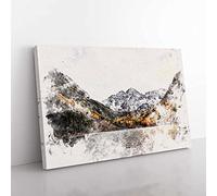Big Box Art Maroon Bells Mountains in Colorado Watercolour Canvas Wall Art Print Ready to Hang Picture, 76 x 50 cm (30 x 20 Inch), White, Grey, Brown, Black