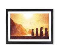 Big Box Art Moai in Easter Island Polynesia Painting Framed Wall Art Picture Print Ready to Hang, Black A2 (62 x 45 cm)