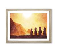 Big Box Art Moai in Easter Island Polynesia Painting Framed Wall Art Picture Print Ready to Hang, Oak A2 (62 x 45 cm)