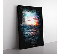 Big Box Art Moody Skies Above The Ocean Paint Splash Canvas Wall Art Print Ready to Hang Picture, 76 x 50 cm (30 x 20 Inch), Blue, Teal, White, Turquoise, Orange