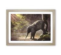 Big Box Art Mother Elephant Encouraging Baby Painting Framed Wall Art Picture Print Ready to Hang, Oak A2 (62 x 45 cm)