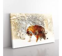 Big Box Art Mother Tiger & Cub in Winter Painting Canvas Wall Art Print Ready to Hang Picture, 76 x 50 cm (30 x 20 Inch), White, Brown, Brown