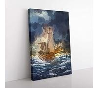 Big Box Art Naval Battle Ship at War in Abstract Canvas Wall Art Print Ready to Hang Picture, 76 x 50 cm (30 x 20 Inch), Black, Blue, Grey