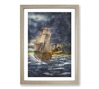 Big Box Art Naval Battle Ship at War Painting Framed Wall Art Picture Print Ready to Hang, Oak A2 (62 x 45 cm)
