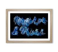 Big Box Art Neon Blue Rhythm & Blues Sign in Abstract Framed Wall Art Picture Print Ready to Hang, Oak A2 (62 x 45 cm)