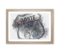 Big Box Art Neon Route 66 Sign in Abstract Framed Wall Art Picture Print Ready to Hang, Oak A2 (62 x 45 cm)