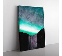 Big Box Art Northern Lights Above The Waterfall Vol.2 Painting Canvas Wall Art Print Ready to Hang Picture, 76 x 50 cm (30 x 20 Inch), Turquoise, Black, Turquoise