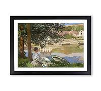 Big Box Art On The Bank of The Seine by Claude Monet Framed Wall Art Picture Print Ready to Hang, Black A2 (62 x 45 cm)