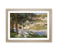 Big Box Art On The Bank of The Seine by Claude Monet Framed Wall Art Picture Print Ready to Hang, Oak A2 (62 x 45 cm)
