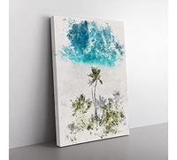 Big Box Art Palm Tree Beach in The Maldives Watercolour Canvas Wall Art Print Ready to Hang Picture, 76 x 50 cm (30 x 20 Inch), Turquoise, White, Olive, Green, Olive, Green, Grey