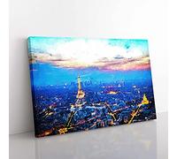 Big Box Art Paris Eiffel Tower Skyline at Dusk Canvas Wall Art Print Ready to Hang Picture, 76 x 50 cm (30 x 20 Inch), White, Blue, Blue, Turquoise, Brown