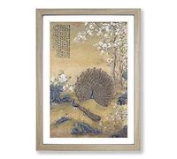 Big Box Art Peacock with a Spread Tail by Lang Shining Framed Wall Art Picture Print Ready to Hang, Oak A2 (62 x 45 cm)