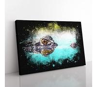 Big Box Art Peering Crocodile Paint Splash Canvas Wall Art Print Ready to Hang Picture, 76 x 50 cm (30 x 20 Inch), White, Green, Grey, Olive, Green, Black