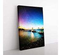 Big Box Art Penmon Lighthouse in Anglesey Wales in Abstract Canvas Wall Art Print Ready to Hang Picture, 76 x 50 cm (30 x 20 Inch), Black, Blue, Turquoise, White, Olive, Green