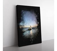 Big Box Art Penmon Lighthouse in Anglesey Wales Paint Splash Canvas Wall Art Print Ready to Hang Picture, 76 x 50 cm (30 x 20 Inch), Black, Blue, Turquoise, White, Olive, Green