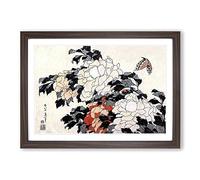 Big Box Art Peonies & Butterfly by Katsushika Hokusai Framed Wall Art Picture Print Ready to Hang, Walnut A2 (62 x 45 cm)