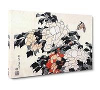 Big Box Art Peonies & Butterfly by Katsushika Hokusai Painting Canvas Wall Art Framed Picture Print, 30 x 20 Inch (76 x 50 cm), White, Grey, Red