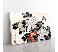 Big Box Art Peonies & Butterfly by Katsushika Hokusai Painting Canvas Wall Art Print Ready to Hang Picture, 76 x 50 cm (30 x 20 Inch), White, Grey, Red