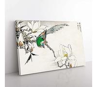 Big Box Art Pipit Bird & White Magnolias by Numata Kashu Painting Canvas Wall Art Print Ready to Hang Picture, 76 x 50 cm (30 x 20 Inch), White, Grey, Black