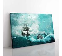 Big Box Art Pirate Ship Sailing Upon a Stormy Sea Canvas Wall Art Print Ready to Hang Picture, 76 x 50 cm (30 x 20 Inch), Turquoise, Green, White, Turquoise