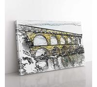 Big Box Art Pont Du Gard Bridge in France in Abstract Canvas Wall Art Print Ready to Hang Picture, 76 x 50 cm (30 x 20 Inch), White, Grey, Olive, Green, Black, Olive, Green