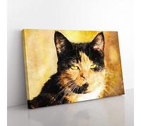 Big Box Art Portrait of A Cat Vol.3 Painting Canvas Wall Art Print Ready to Hang Picture, 76 x 50 cm (30 x 20 Inch), Yellow, Black, Cream
