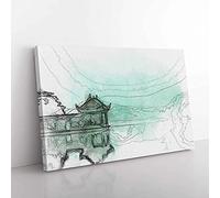 Big Box Art Reflections of Lake Lushan in China in Abstract Canvas Wall Art Print Ready to Hang Picture, 76 x 50 cm (30 x 20 Inch), White, Greige, Greige, Grey, Olive, Green