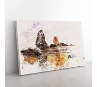 Big Box Art Rock Formations on a Beach in Oregon Watercolour Canvas Wall Art Print Ready to Hang Picture, 76 x 50 cm (30 x 20 Inch), White, Brown, Pink, Lavender