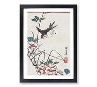 Big Box Art Roses & Sparrows by Utagawa Hiroshige Framed Wall Art Picture Print Ready to Hang, Black A2 (62 x 45 cm)