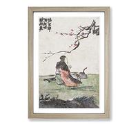 Big Box Art Sat Under The Cherry Tree by Jin Nong Framed Wall Art Picture Print Ready to Hang, Oak A2 (62 x 45 cm)