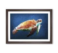 Big Box Art Sea Turtle in The Blue Ocean in Abstract Framed Wall Art Picture Print Ready to Hang, Walnut A2 (62 x 45 cm)