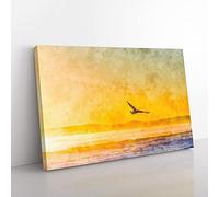 Big Box Art Seagull Flying Over The Beach Painting Canvas Wall Art Print Ready to Hang Picture, 76 x 50 cm (30 x 20 Inch), White, Yellow, Grey