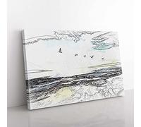 Big Box Art Seagulls Over a Beach in San Diego in Abstract Canvas Wall Art Print Ready to Hang Picture, 76 x 50 cm (30 x 20 Inch), White, Grey, Black