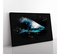 Big Box Art Shark in The Shadows Paint Splash Canvas Wall Art Print Ready to Hang Picture, 76 x 50 cm (30 x 20 Inch), Black, Turquoise, Teal, Grey, Blue