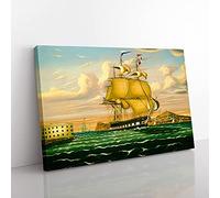 Big Box Art Ship Passing Castle Williams by Thomas Chambers Canvas Wall Art Print Ready to Hang Picture, 76 x 50 cm (30 x 20 Inch), Cream, Cream, Gold