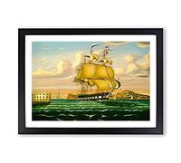 Big Box Art Ship Passing Castle Williams by Thomas Chambers Framed Wall Art Picture Print Ready to Hang, Black A2 (62 x 45 cm)