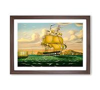 Big Box Art Ship Passing Castle Williams by Thomas Chambers Framed Wall Art Picture Print Ready to Hang, Walnut A2 (62 x 45 cm)