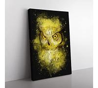 Big Box Art Sketch of an Owl Paint Splash Canvas Wall Art Print Ready to Hang Picture, 76 x 50 cm (30 x 20 Inch), White, Gold, Brown, Olive, Green, Grey
