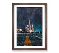 Big Box Art St Basils Cathedral at Night Painting Framed Wall Art Picture Print Ready to Hang, Walnut A2 (62 x 45 cm)