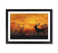 Big Box Art Stag at Sunset Painting Framed Wall Art Picture Print Ready to Hang, Black A2 (62 x 45 cm)