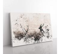 Big Box Art Stag Deer with Birds Watercolour Canvas Wall Art Print Ready to Hang Picture, 76 x 50 cm (30 x 20 Inch), White, Brown, Black