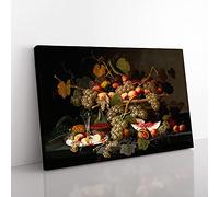 Big Box Art Still Life with Flowers and Fruit Vol.7 by Severin Roesen Canvas Wall Art Print Ready to Hang Picture, 76 x 50 cm (30 x 20 Inch), Black, Brown, Cream