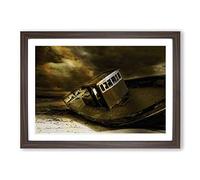 Big Box Art Stranded Boat Wreck on Beach (2) Framed Wall Art Picture Print Ready to Hang, Walnut A2 (62 x 45 cm)