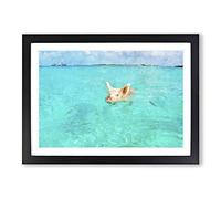 Big Box Art Swimming Pig Painting Framed Wall Art Picture Print Ready to Hang, Black A2 (62 x 45 cm)
