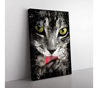 Big Box Art Tabby Cat Licking Paw Coal Black Canvas Wall Art Print Ready to Hang Picture, 76 x 50 cm (30 x 20 Inch), Multi-Coloured