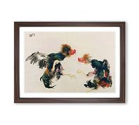 Big Box Art Takeuchi Seiho Cocks Fighting Framed Wall Art Picture Print Ready to Hang, Walnut A2 (62 x 45 cm)