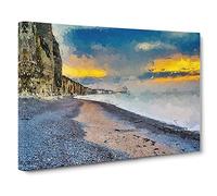 Big Box Art The Cliffs at Normandy in France in Abstract Canvas Wall Art Framed Picture Print, 30 x 20 Inch (76 x 50 cm), Teal, Grey, Gold