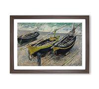 Big Box Art Three Fishing Boats by Claude Monet Framed Wall Art Picture Print Ready to Hang, Walnut A2 (62 x 45 cm)