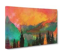 Big Box Art Trees at The Foot of a Setting Sun in Abstract Canvas Wall Art Framed Picture Print, 30 x 20 Inch (76 x 50 cm), Orange, Olive, Green, Orange, Brown, Green